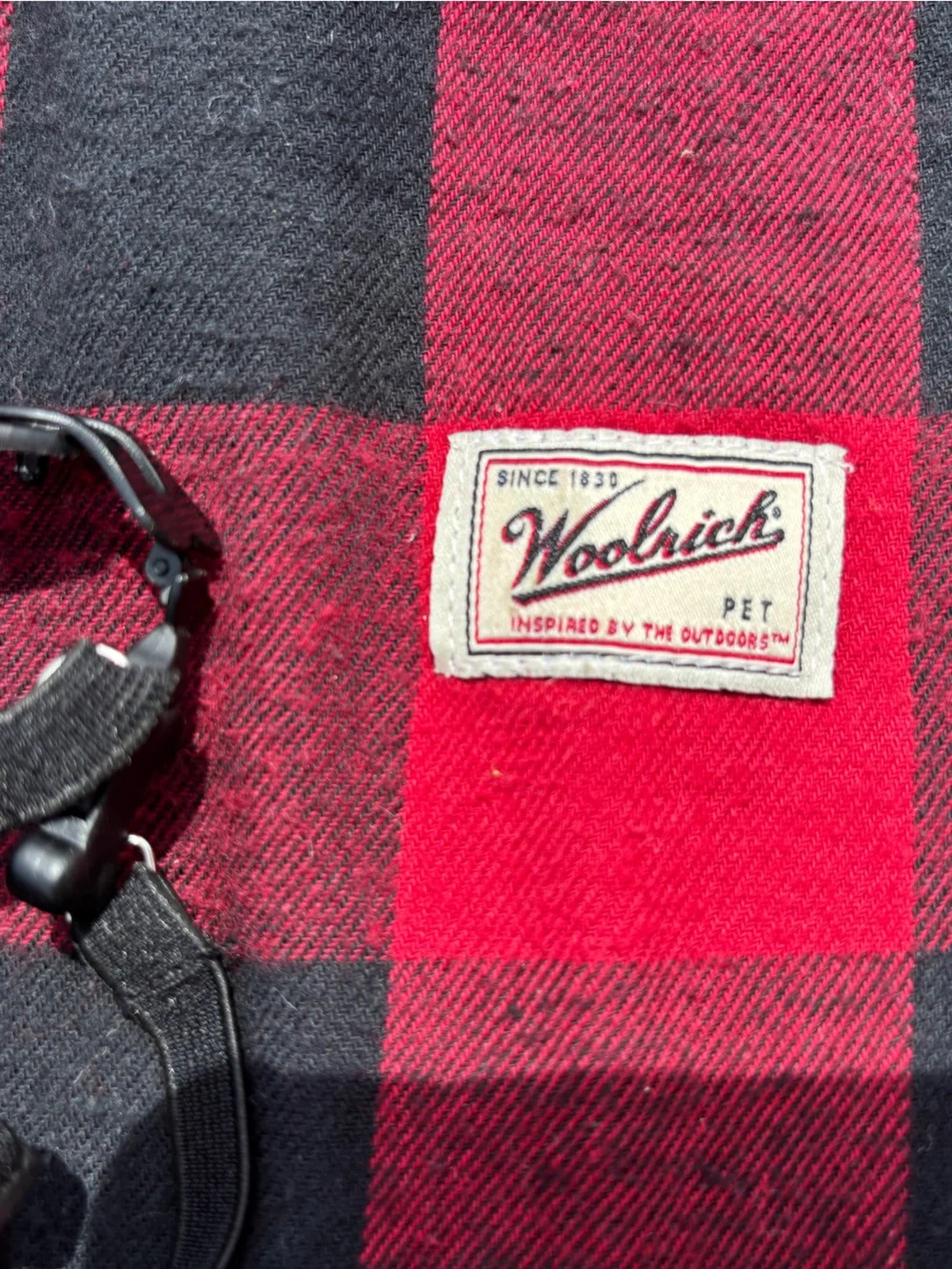 Red & Black Buffalo Plaid Woolrich Dog Coat with sunglasses